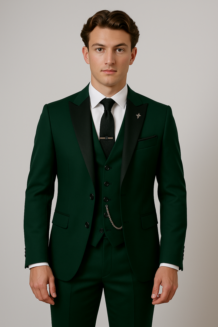 Men's dark green three-piece tailored suit with contrast lapel, ideal for weddings, business, and formal events.