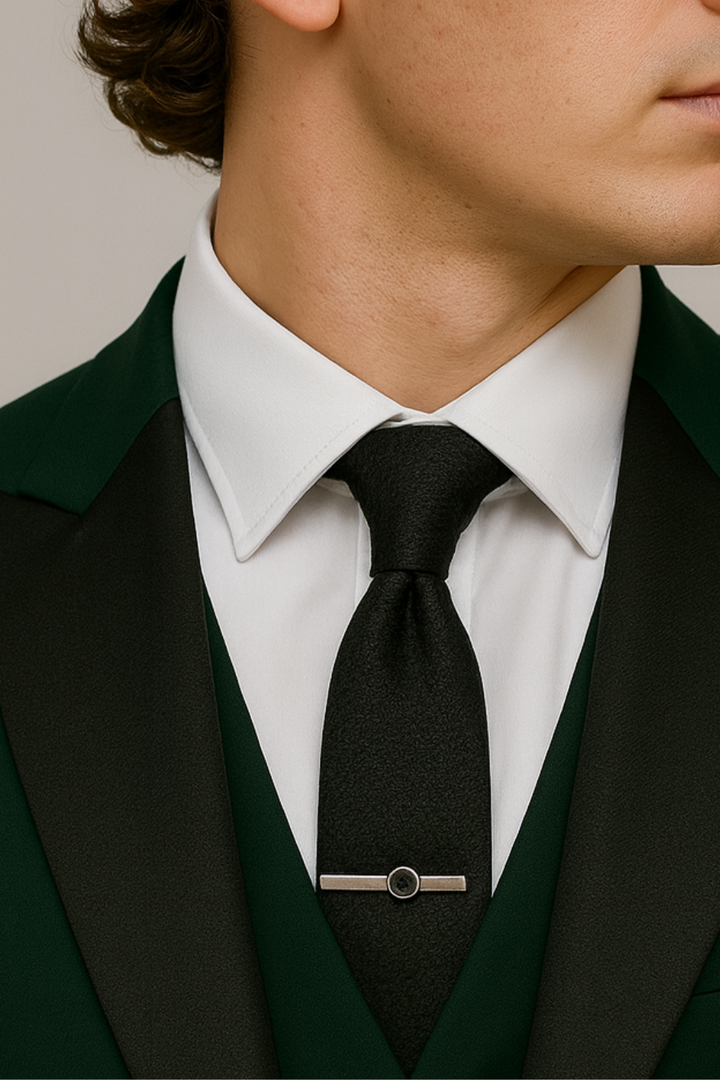 Elegant men's dark green three-piece suit, perfect business attire or wedding outfit. Tailored for confident, modern style.