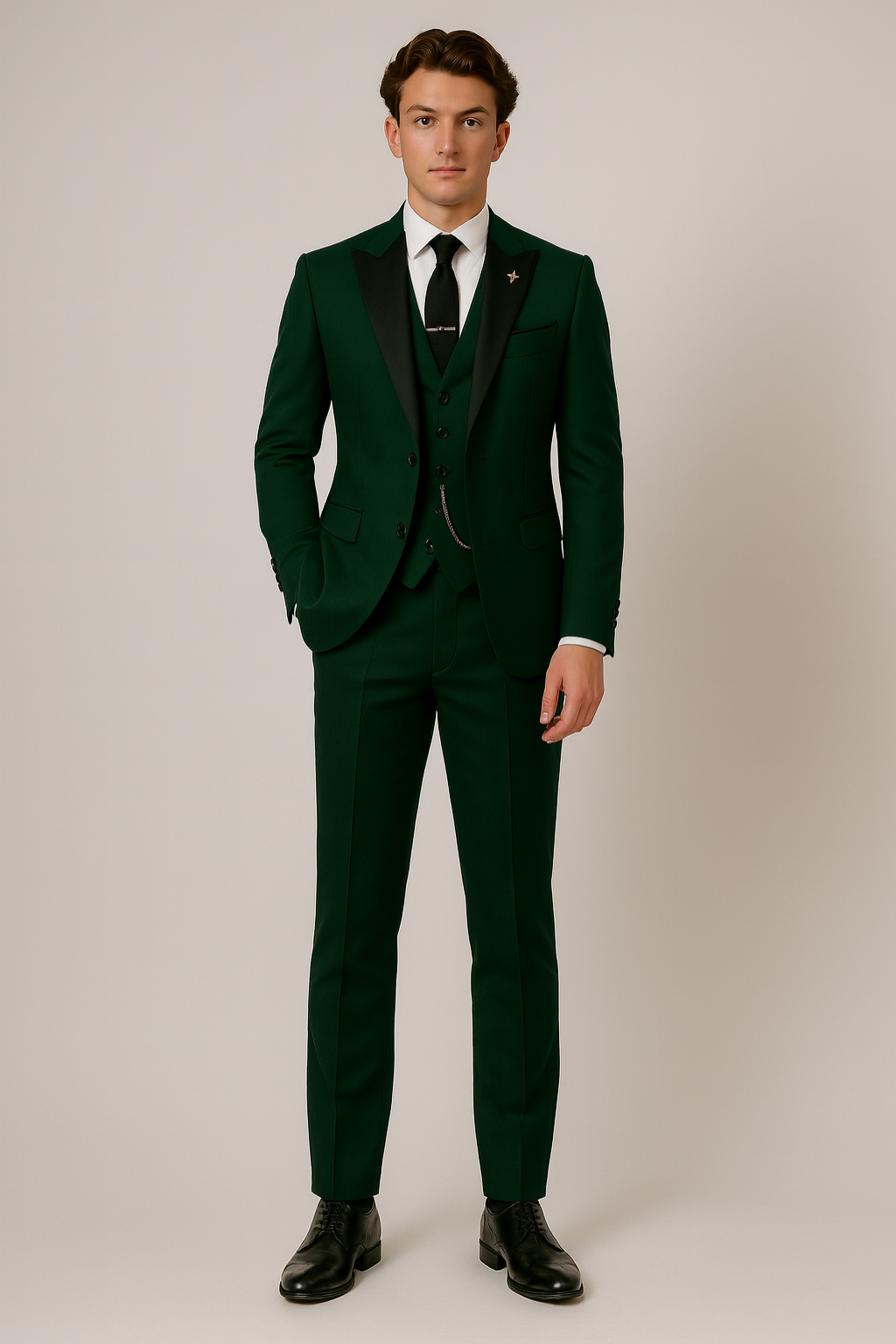 Full view of a sophisticated dark green three-piece men's suit, featuring a tailored jacket, vest, and trousers.