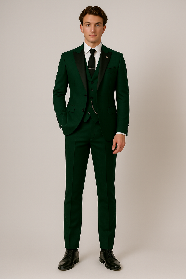 Full view of a sophisticated dark green three-piece men's suit, featuring a tailored jacket, vest, and trousers.
