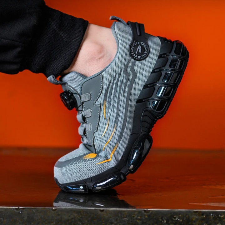 Low-top men's work sneakers with dial lace closure, offering superior slip resistance & safety for various workplaces.