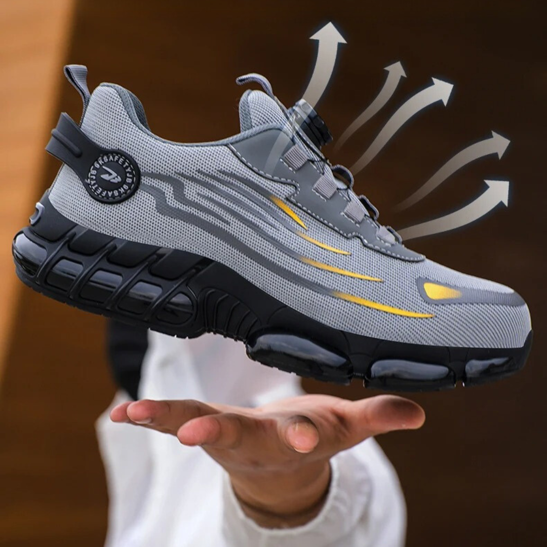 Durable men's athletic work shoes with convenient dial lacing and non-slip soles, built for long-lasting performance.