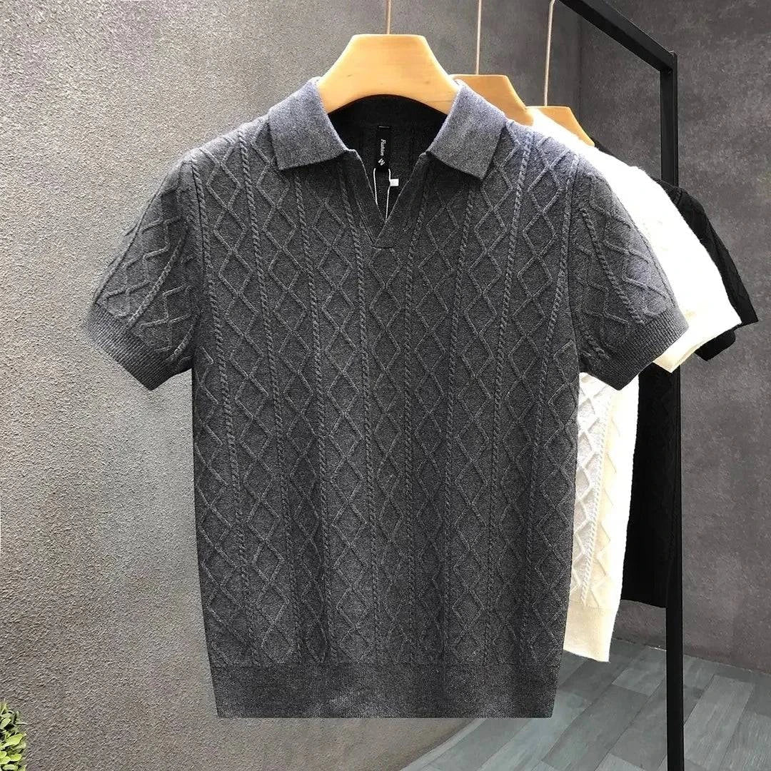 Sophisticated men's diamond knit cotton polo. A premium, soft textured shirt perfect for casual elegance & modern fashion.