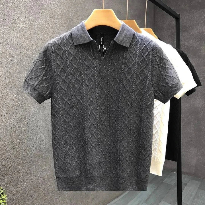Sophisticated men's diamond knit cotton polo. A premium, soft textured shirt perfect for casual elegance & modern fashion.