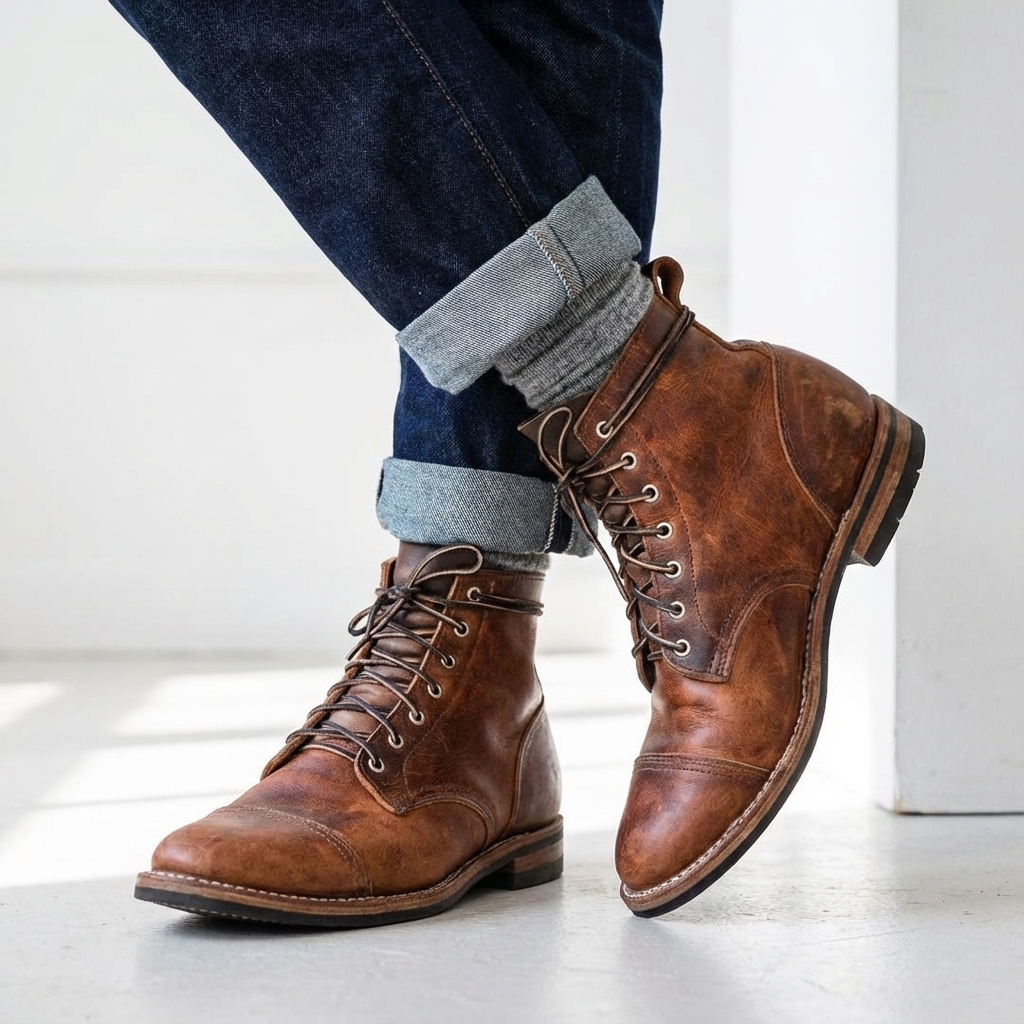 Men's distressed dark brown lace-up cap toe ankle boots for rugged casual style.