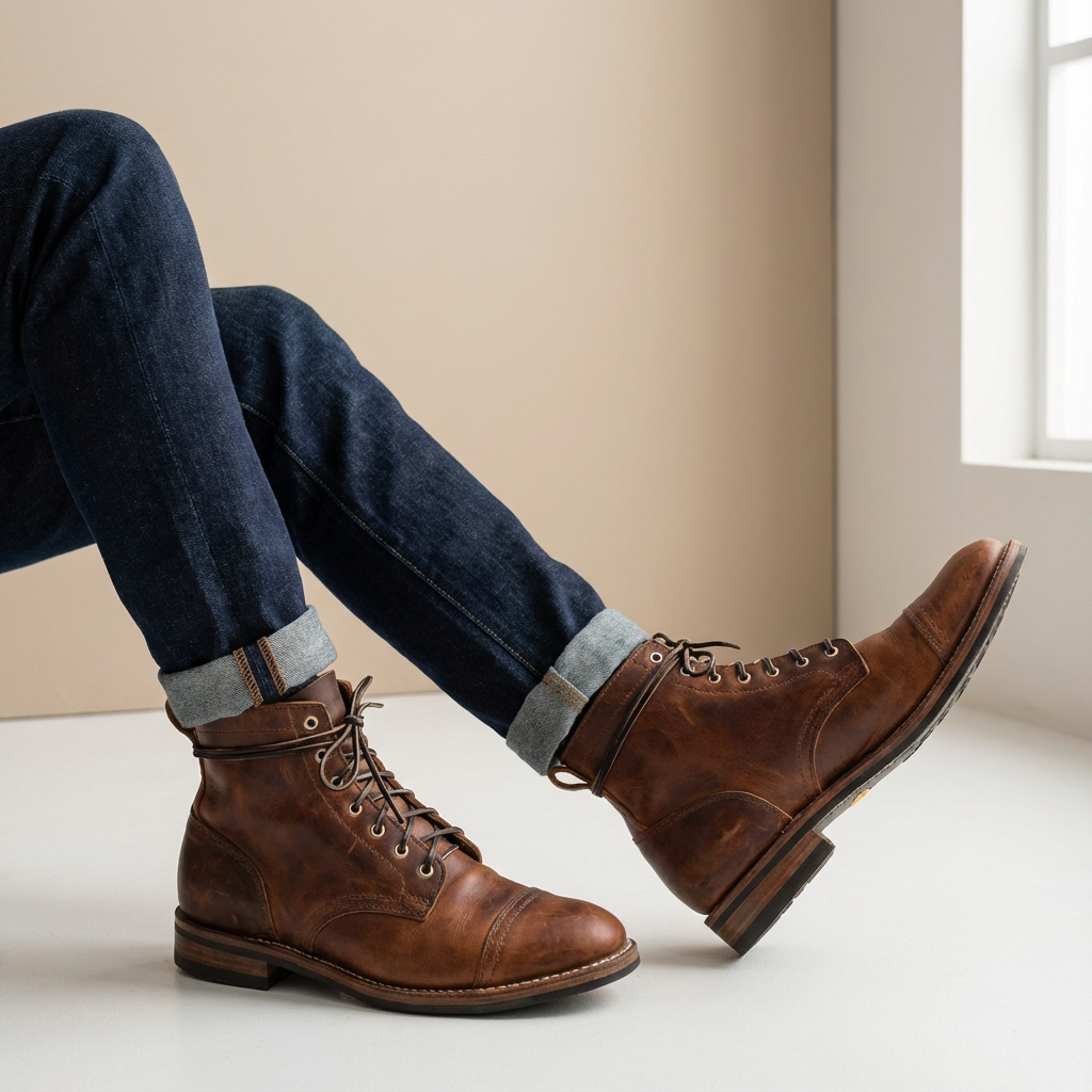Dark brown distressed men's lace-up ankle boots with a stylish cap toe, ideal for casual fashion.