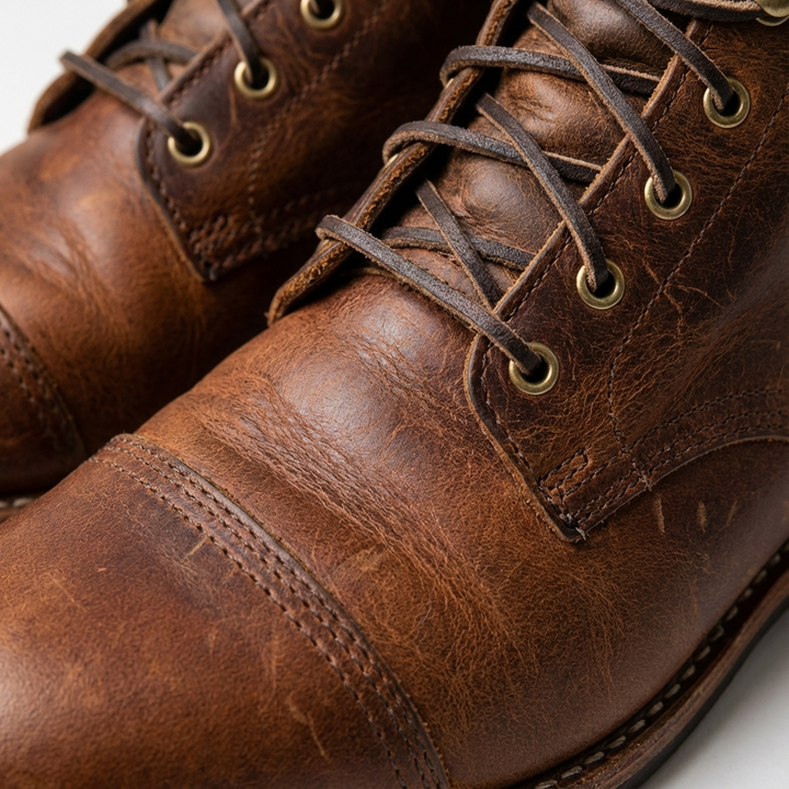 Rugged men's distressed brown cap toe ankle boots with lace-up design, offering durable casual footwear.
