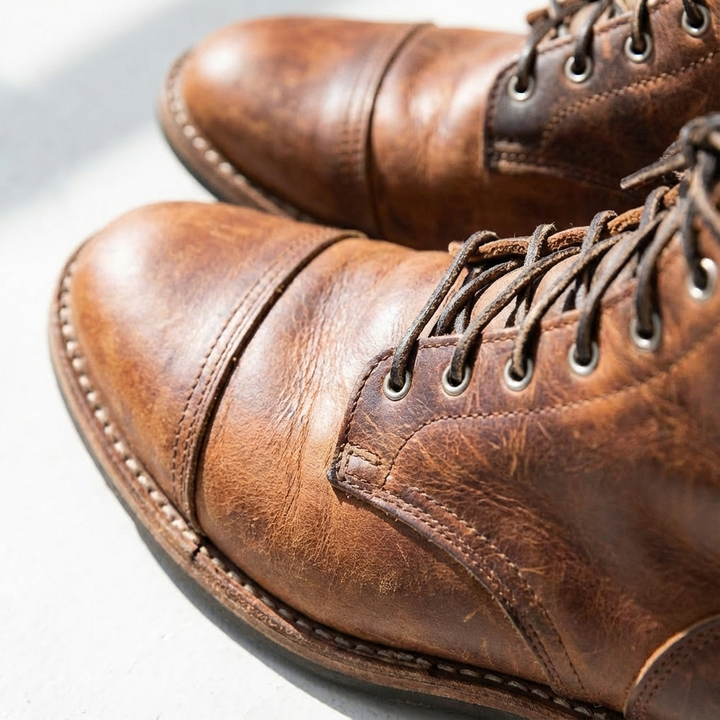 Men's fashion dark brown distressed ankle boots featuring a lace-up front and classic cap toe design.