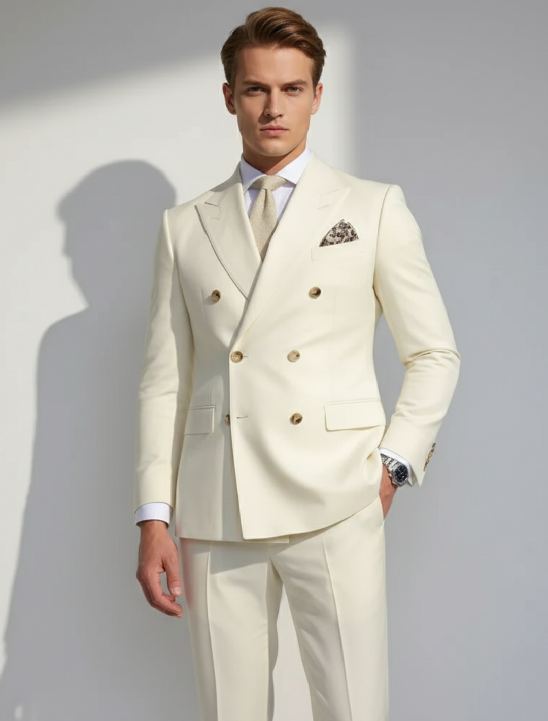 Men's double-breasted cream suit set for spring, elegant and formal business attire.