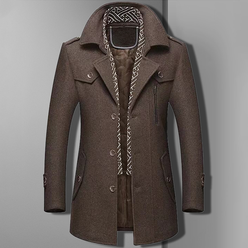 Men's double-breasted military style overcoat in dark wool, perfect for winter and fall fashion.