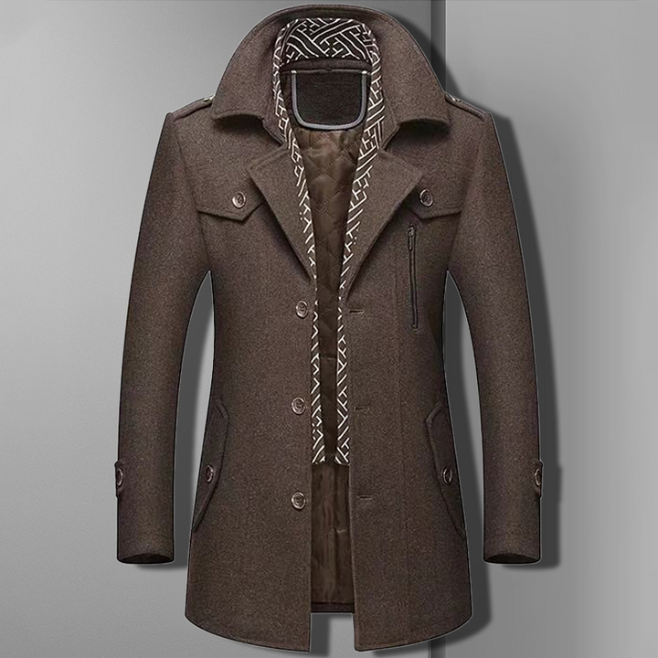 Men's double-breasted military style overcoat in dark wool, perfect for winter and fall fashion.