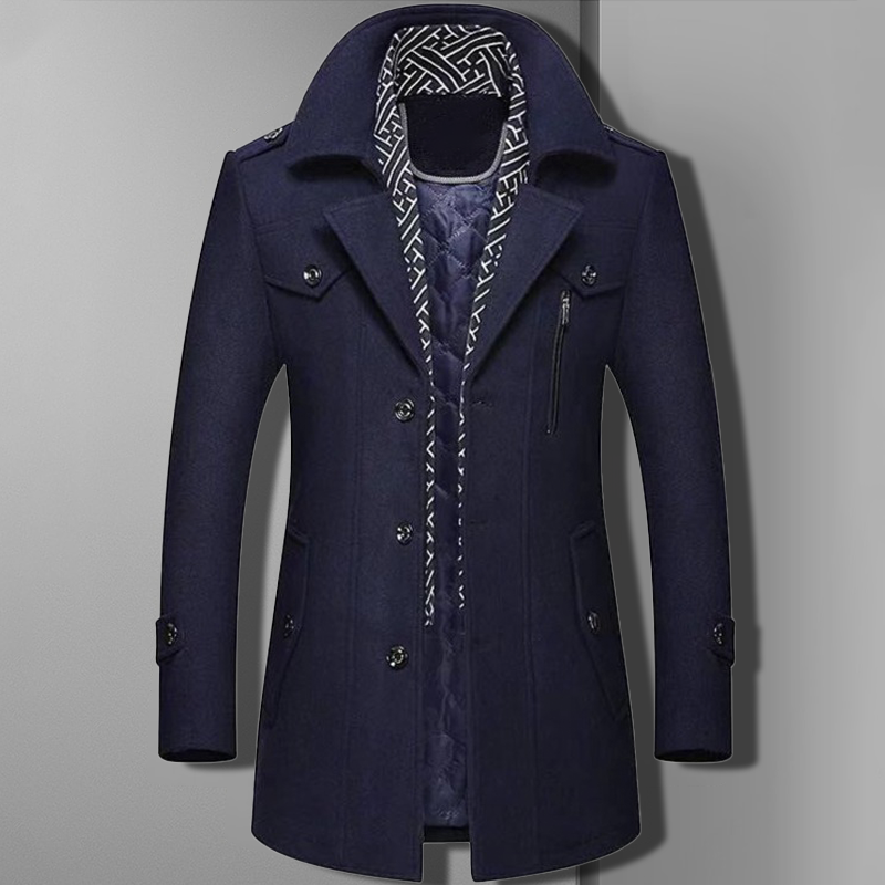 Classic men's double-breasted long coat, military-inspired design, ideal formal & casual outerwear.
