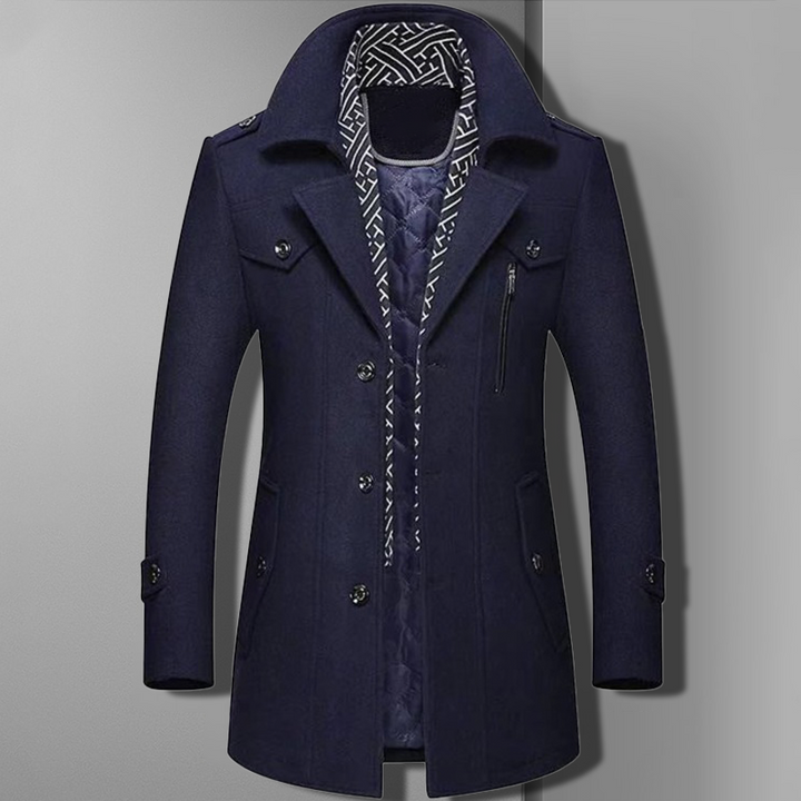 Classic men's double-breasted long coat, military-inspired design, ideal formal & casual outerwear.