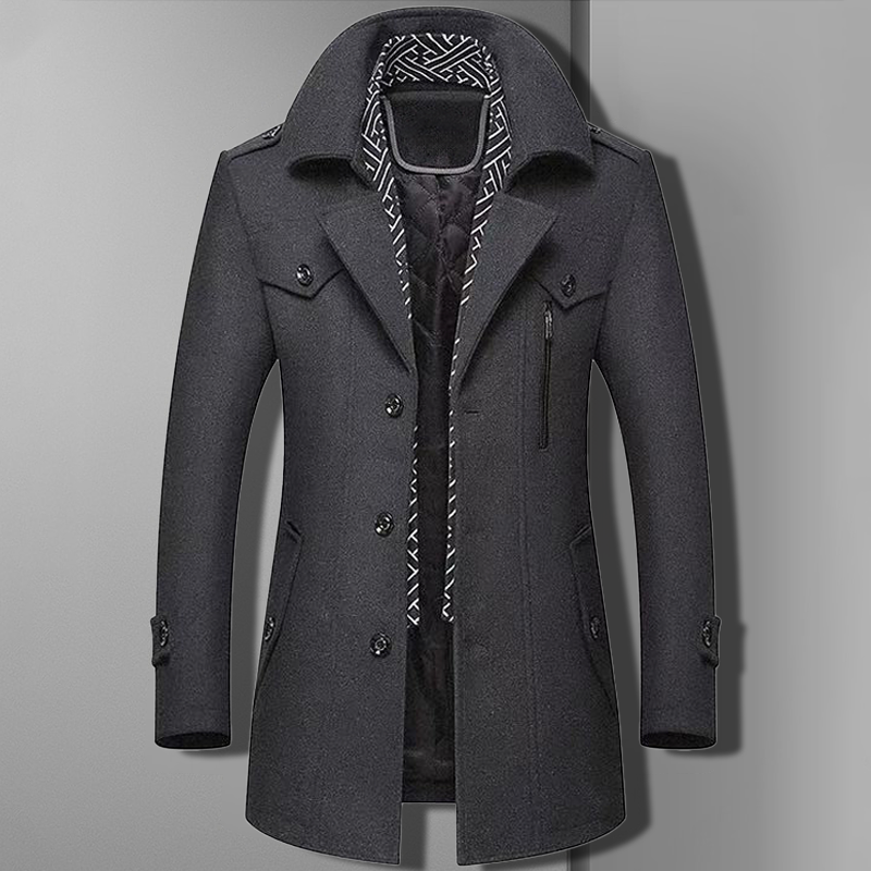 Stylish men's winter overcoat, double-breasted with military detailing, a must-have in men's fashion.