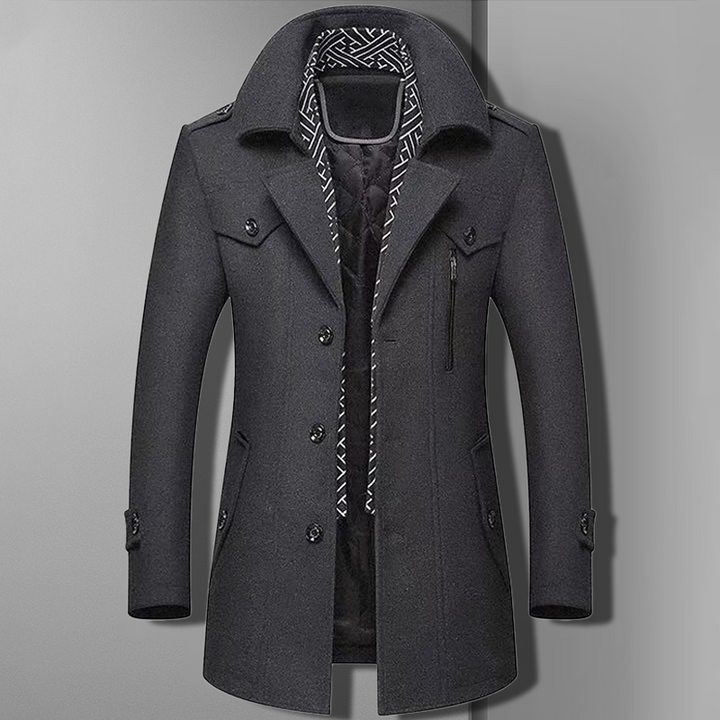 Stylish men's winter overcoat, double-breasted with military detailing, a must-have in men's fashion.