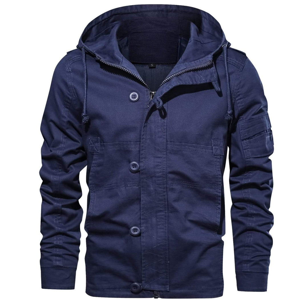 Front view of a versatile men's casual cotton jacket with classic utility features