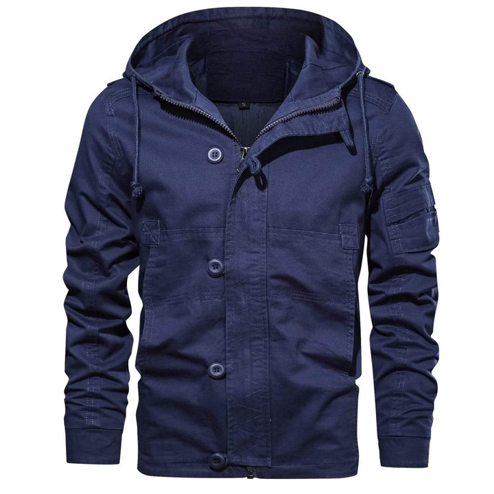 Front view of a versatile men's casual cotton jacket with classic utility features