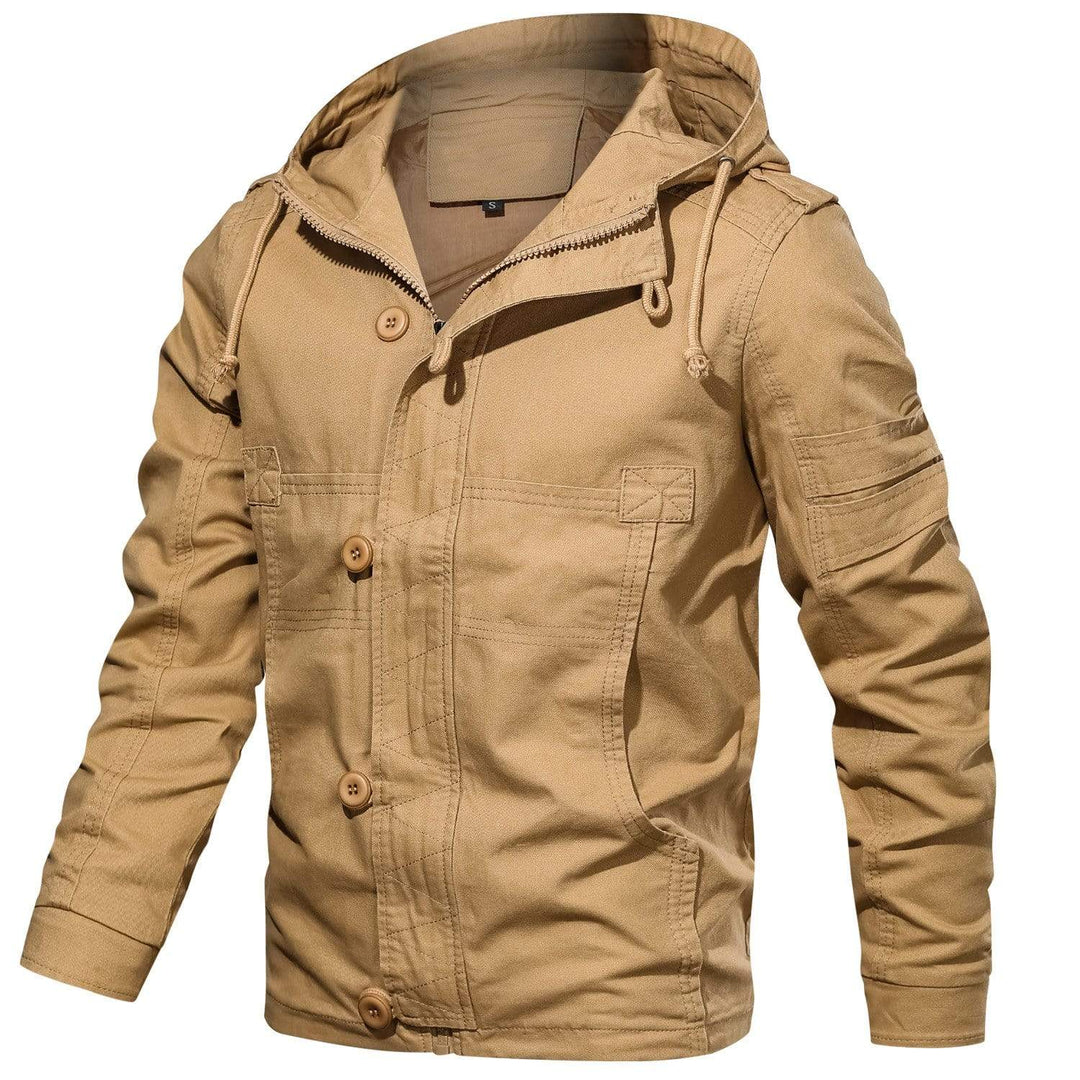 Side profile of a men's surplus style jacket showing its functional design and fit