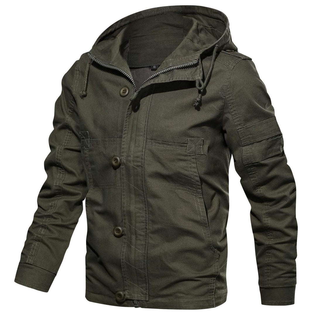 Detail of the robust zipper on a men's all-season cotton surplus jacket
