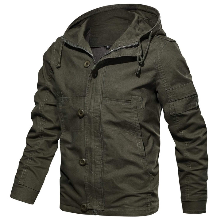 Detail of the robust zipper on a men's all-season cotton surplus jacket