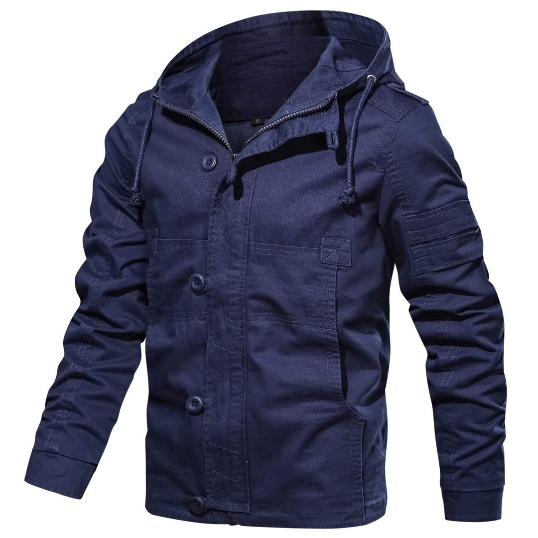 Men's cotton utility jacket pocket detail, showcasing practical and secure storage