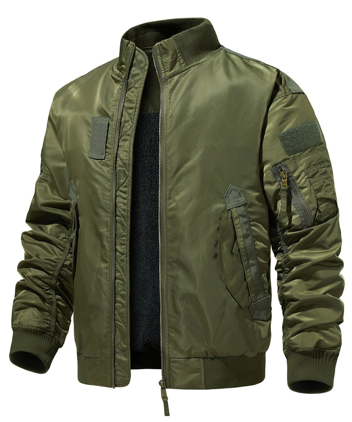 Men's durable olive green bomber jacket with ribbed cuffs, front zipper, and utility pockets.