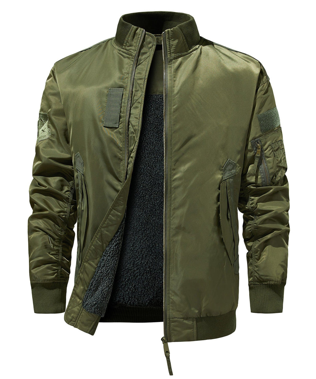 Close-up of the front zipper and ribbed collar on a men's military-style utility bomber jacket.