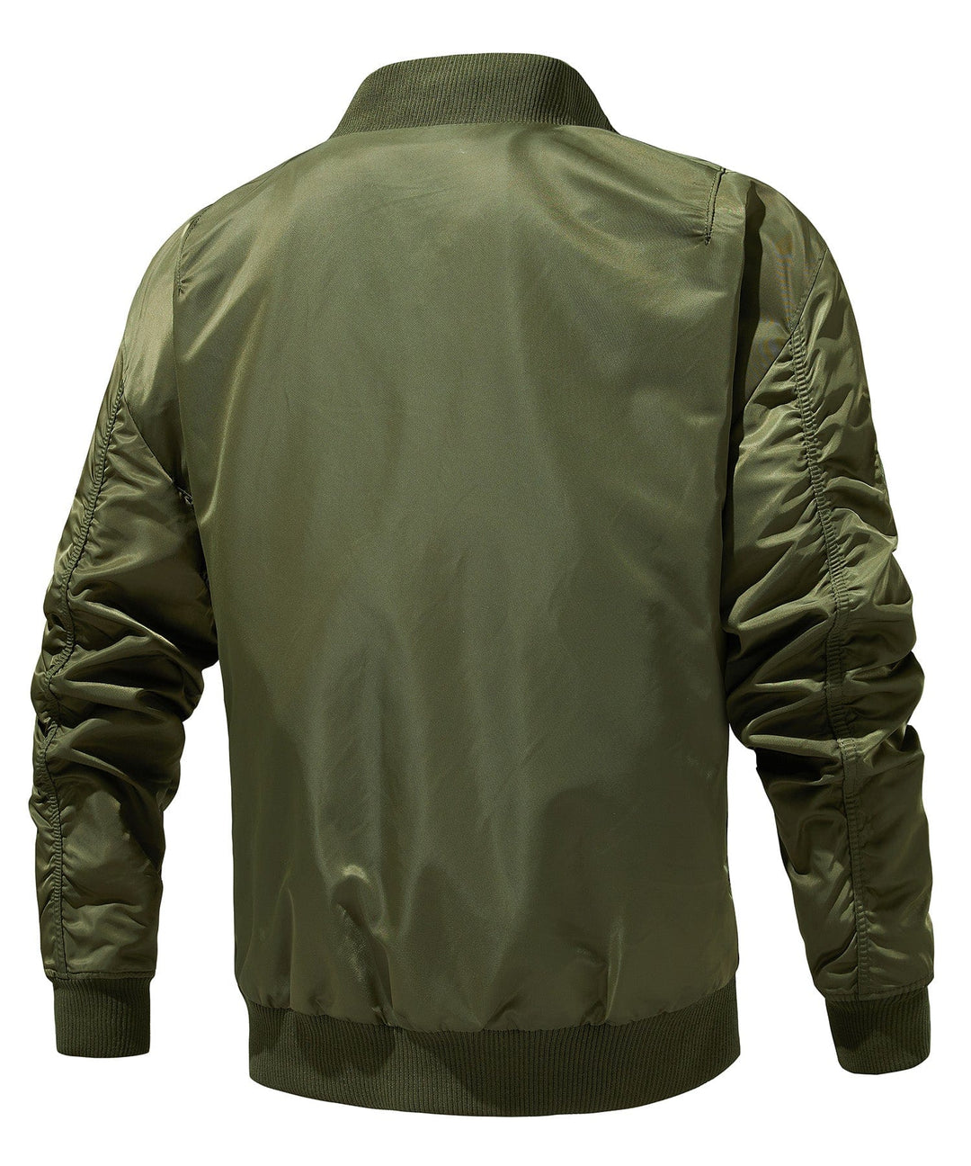 Side view of a man wearing a weather-resistant bomber jacket, showcasing its casual fit and design.