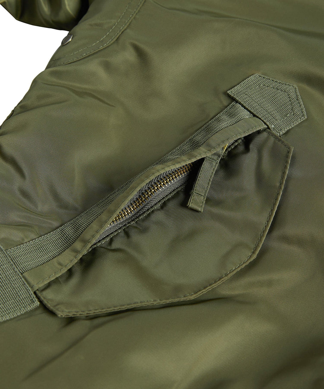 Close-up of the waterproof fabric on the men's weather-resistant utility bomber jacket.