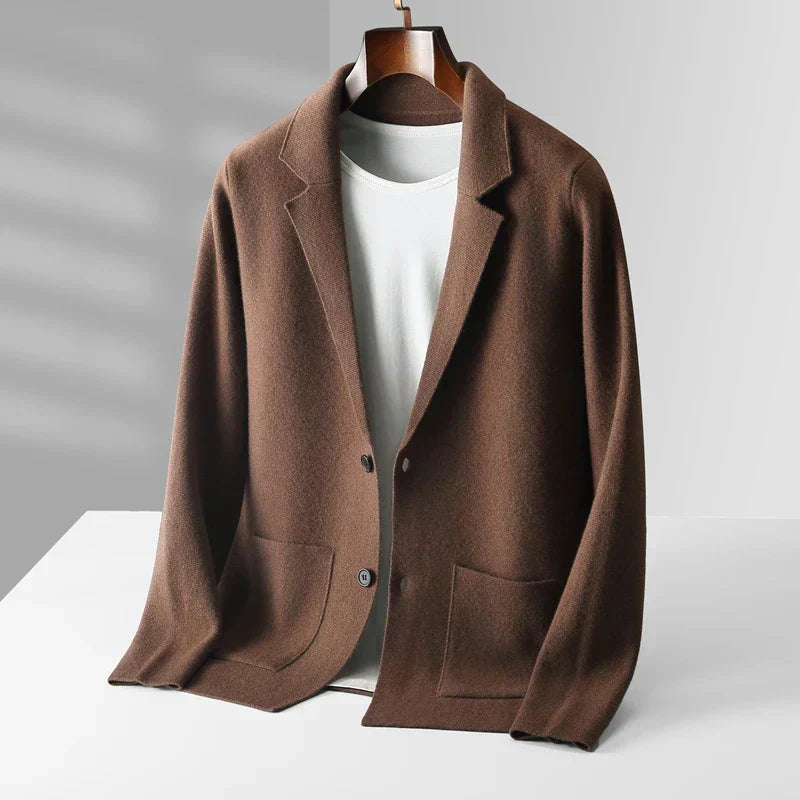Men's elegant button-front shawl collar cardigan for refined smart casual style and layering.