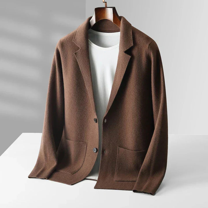 Men's elegant button-front shawl collar cardigan for refined smart casual style and layering.