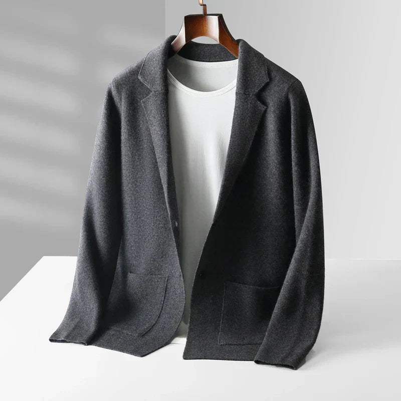Stylish men's button-front cardigan with a classic shawl collar, great for smart casual wear.