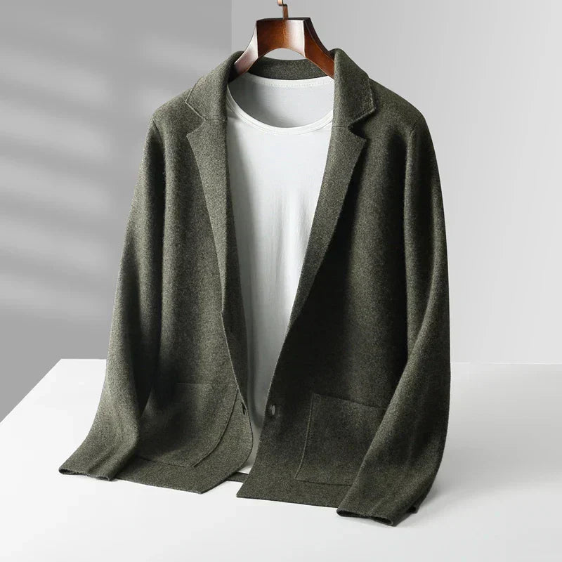 Man wearing an elegant button-front shawl collar cardigan, showcasing refined autumn style.