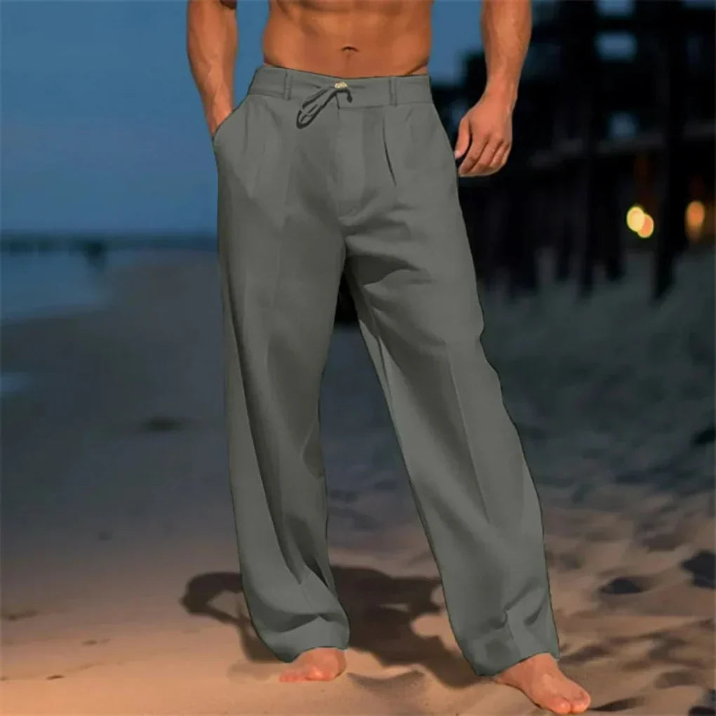 Men's elegant khaki linen trousers, perfect for summer comfort. Breathable straight-leg dress pants.