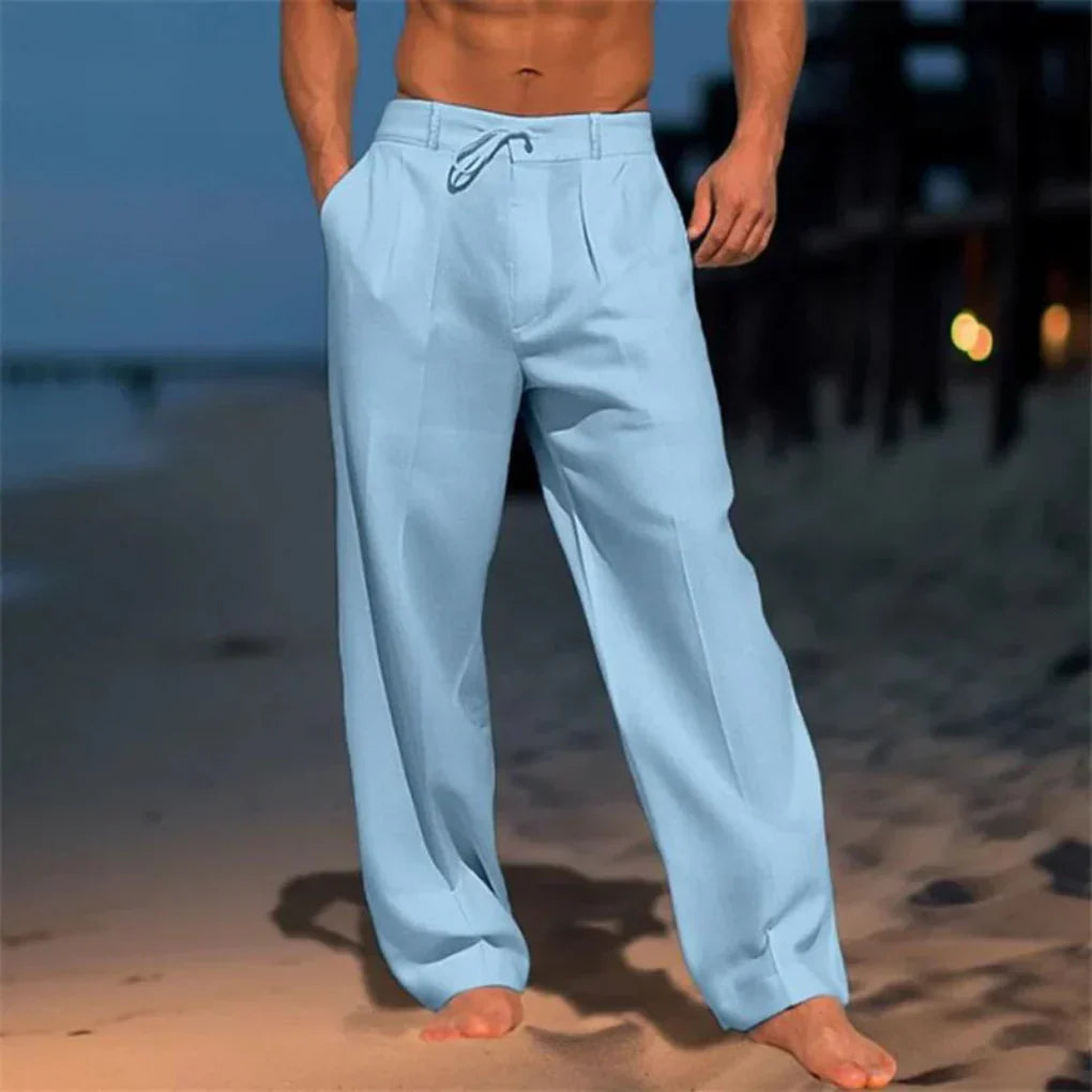 Versatile men's khaki linen trousers for summer. Elegant, breathable, straight-leg casual dress pants for comfort.