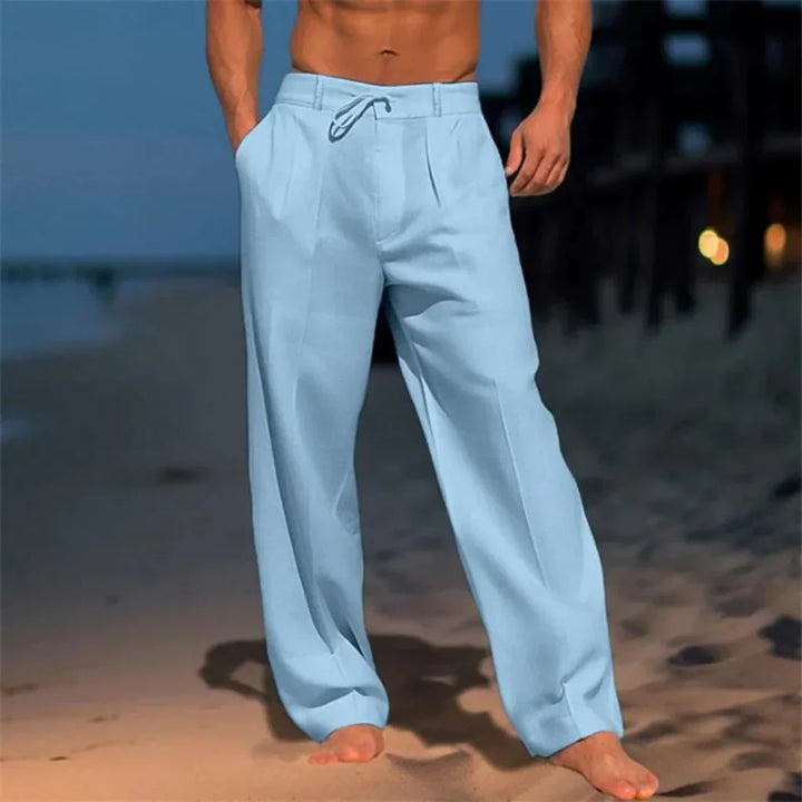 Versatile men's khaki linen trousers for summer. Elegant, breathable, straight-leg casual dress pants for comfort.