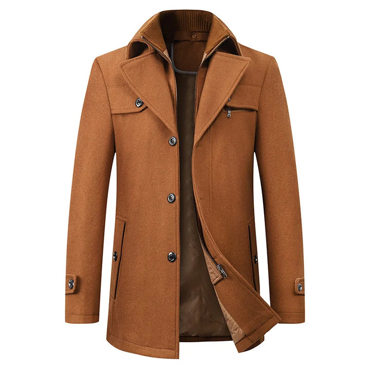 Front view of a men's elegant long winter overcoat with button detailing, showcasing its classic tailored fit.