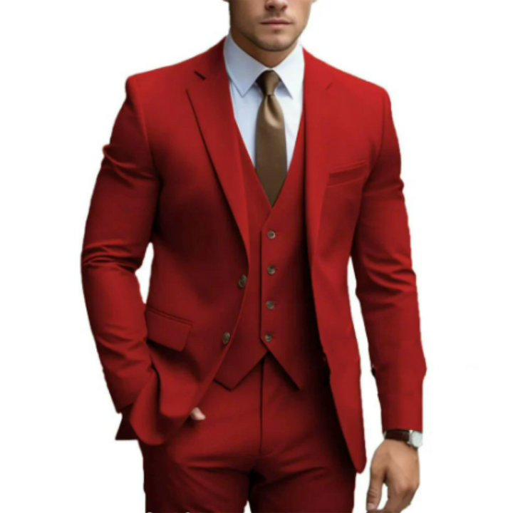 Professional men's tailored slim-fit three-piece business suit, ideal attire for important meetings.