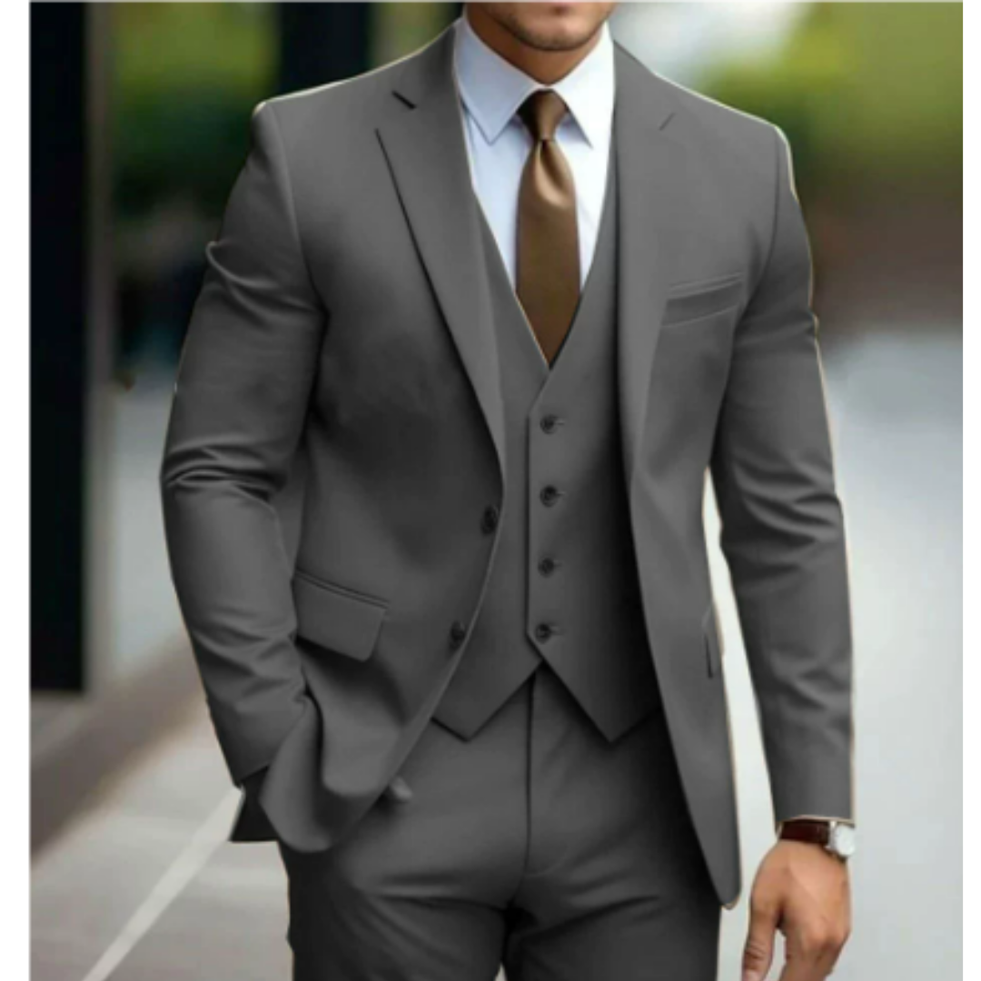 Sharp men's slim-fit three-piece party suit, tailored for an elegant and fashionable evening event.
