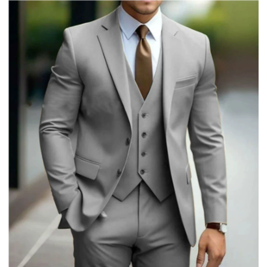 High-quality tailored slim-fit men's three-piece suit, embodying modern elegance and sophisticated formal style.