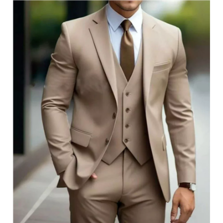 Fashionable men's tailored slim-fit three-piece suit, a key piece of elegant formal wear and business fashion.