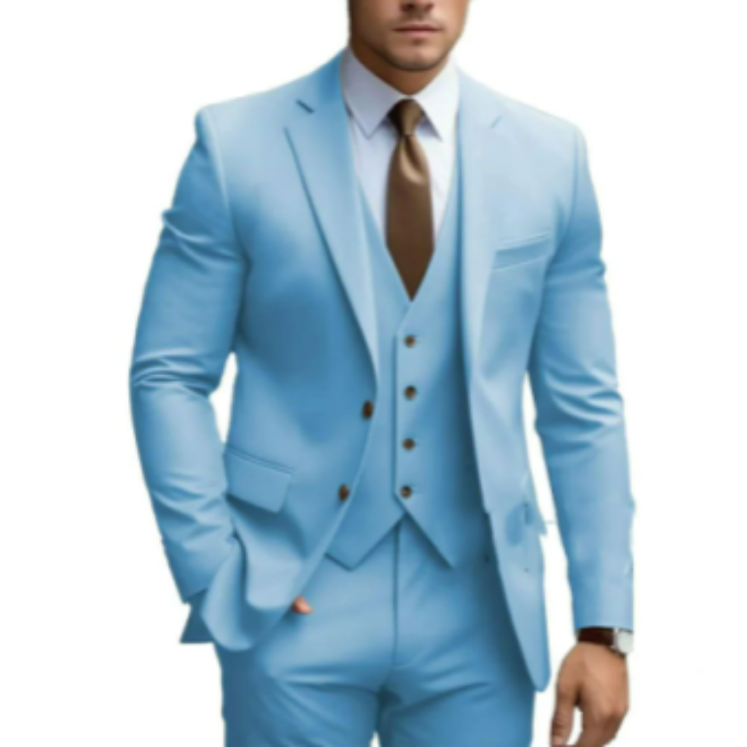 Close-up of a stylish men's slim-fit tailored three-piece suit fabric, perfect for formal business wear.