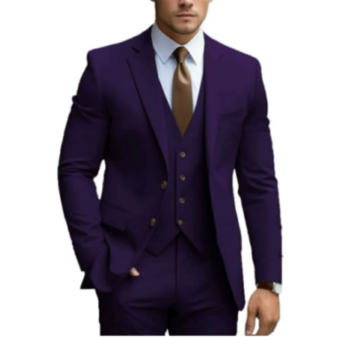 Men's slim-fit tailored suit trousers, completing a sophisticated three-piece formal or wedding suit.