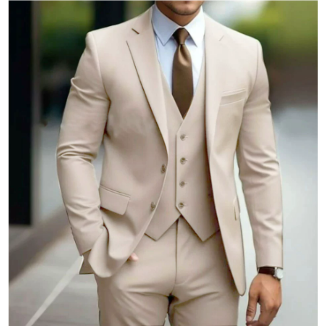 Back view of a refined men's tailored slim-fit three-piece suit, perfect for any formal occasion.
