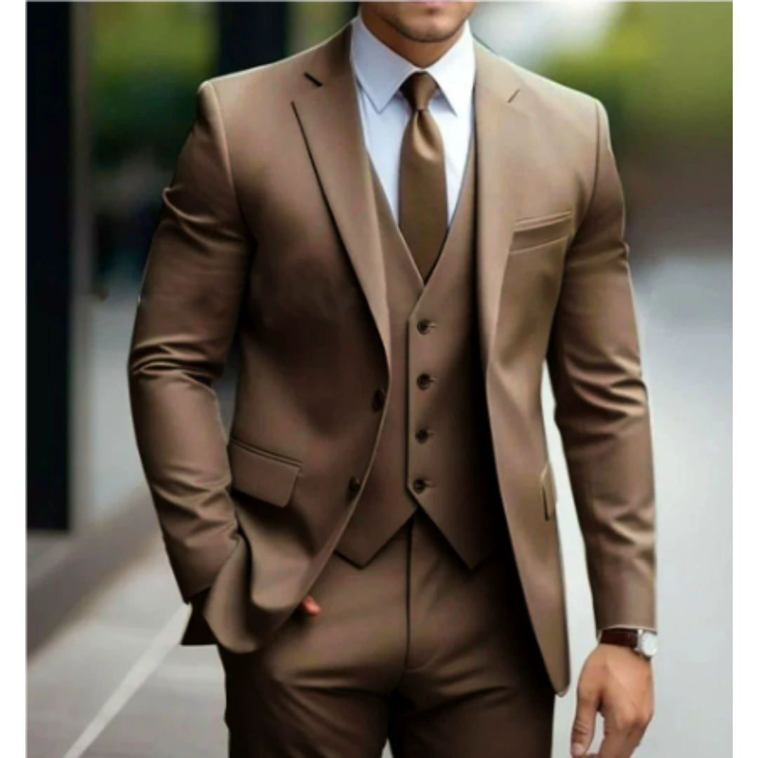 Sophisticated men's slim-fit tailored three-piece suit, ideal for business, weddings, or formal parties.