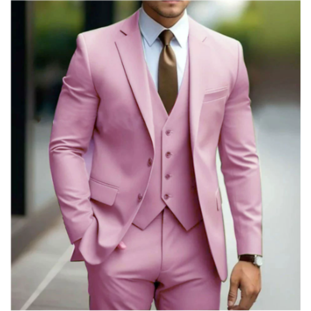 Elegant groom's slim-fit tailored three-piece wedding suit, perfect for a modern and stylish ceremony.