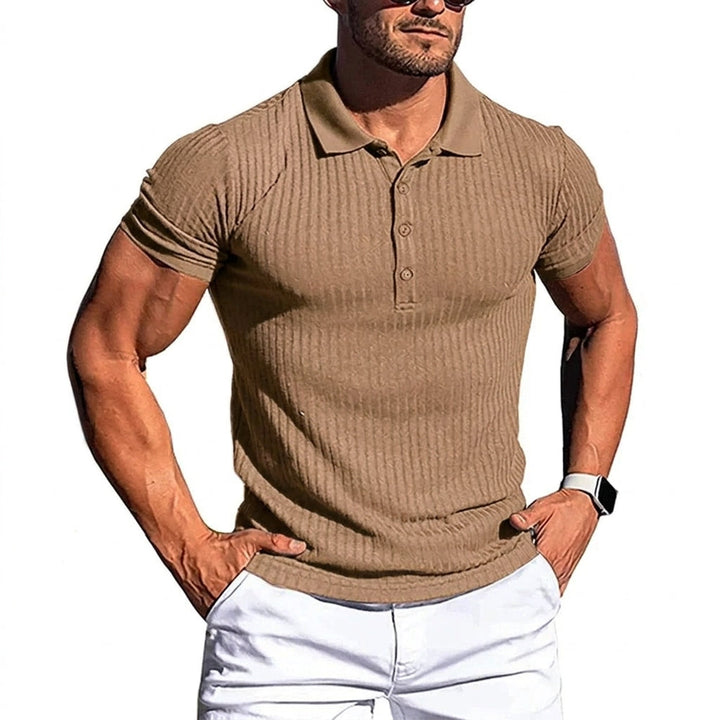 Blue men's modern fit polo shirt with button placket. Elevated style, comfortable for smart casual & versatile wear.