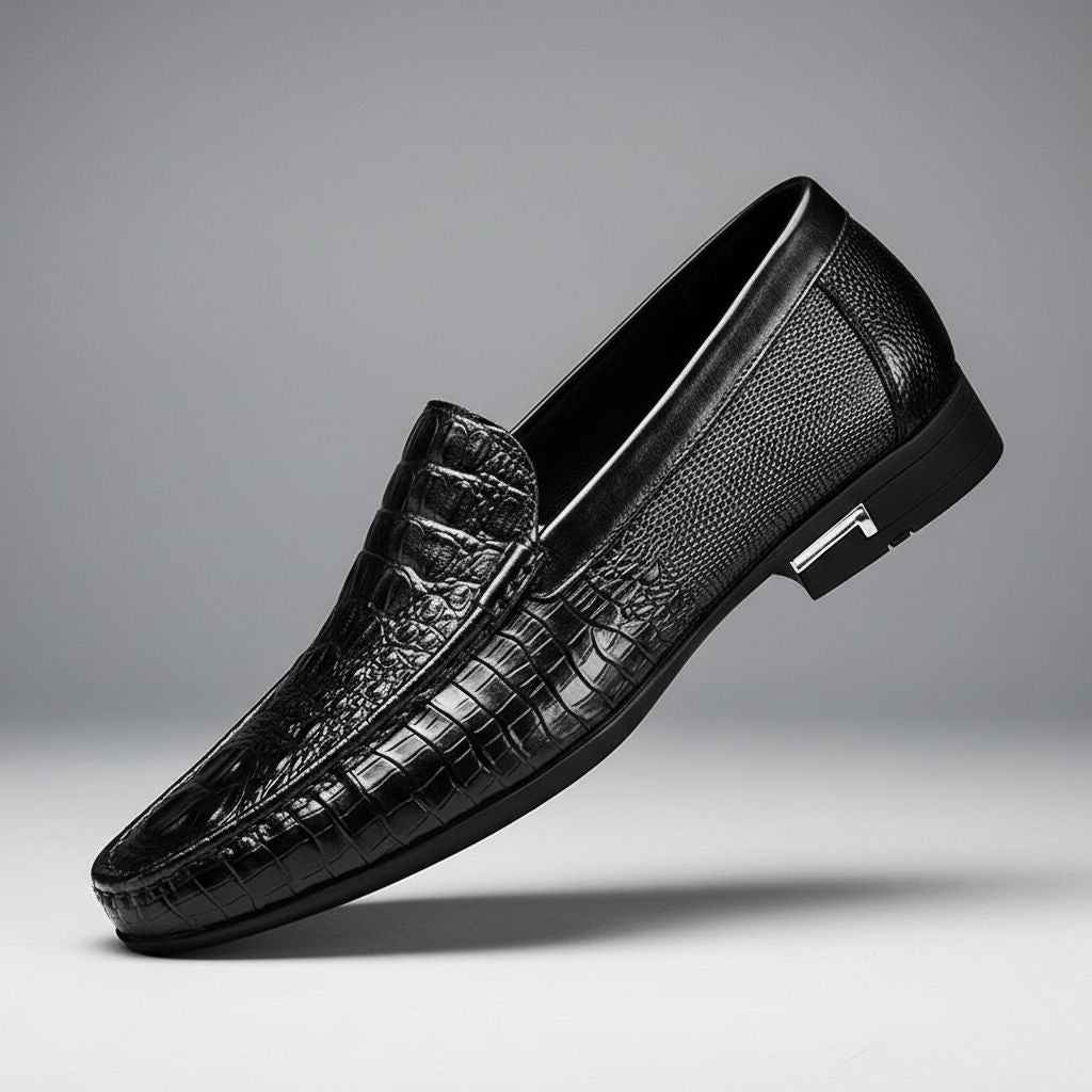 Fashionable men's slip-on loafers with intricate embossed detailing for refined comfort.