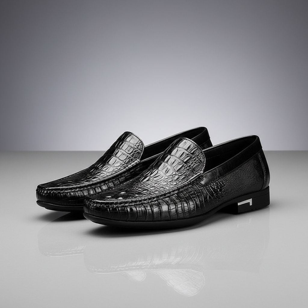 Elegant men's embossed footwear, comfortable slip-on shoes for effortless smart styling.