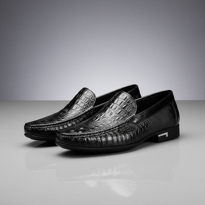 Elegant men's embossed footwear, comfortable slip-on shoes for effortless smart styling.